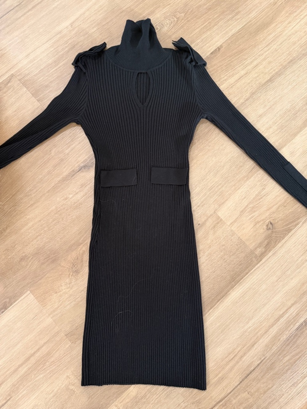 BCBGMaxAzria Black Ribbed Turtleneck Midi Dress with Shoulder Bows